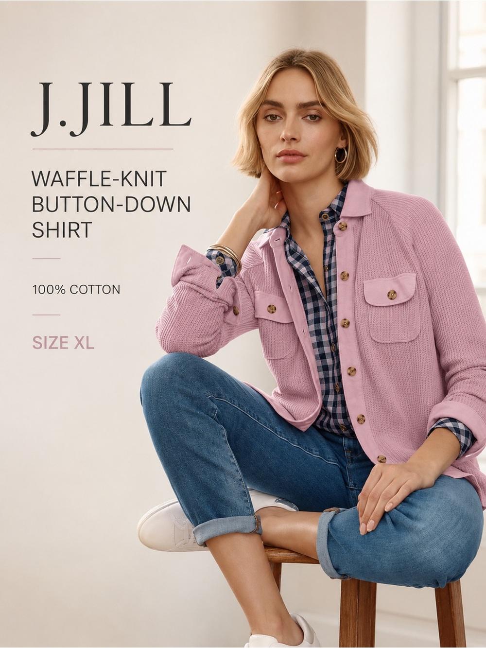 J.Jill Waffle Knit Button Down Shirt Pink Cotton Shacket XL